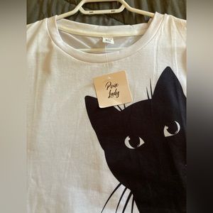 PixieLady White and Black Cat Crewneck T-shirt Size L